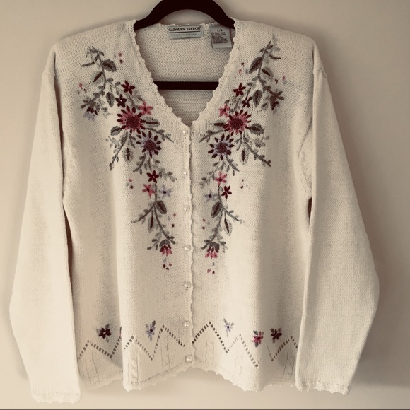 Carolyn Taylor Sweaters - Carolyn Taylor Off White Embroidered Cardigan